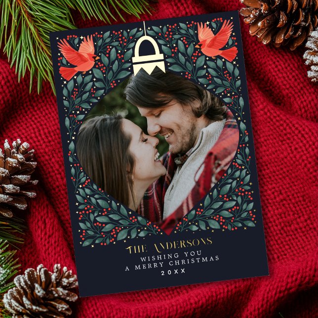 Elegant Folk Art Cardinal Christmas Foliage Photo  Foil Holiday Card (Creator Uploaded)