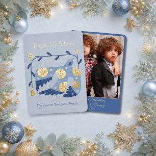 Elegant Folk Art Dove Peace Joy Love Photo Gold Foil Holiday Card