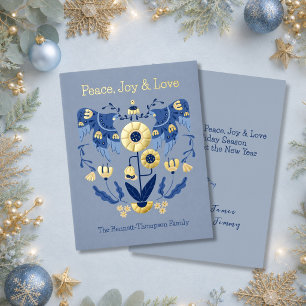 Elegant Folk Art Duo Peace Doves Blue and Gold Foil Holiday Card