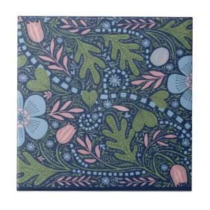 Elegant Folk Art Floral Pattern Vintage Botanical Ceramic Tile