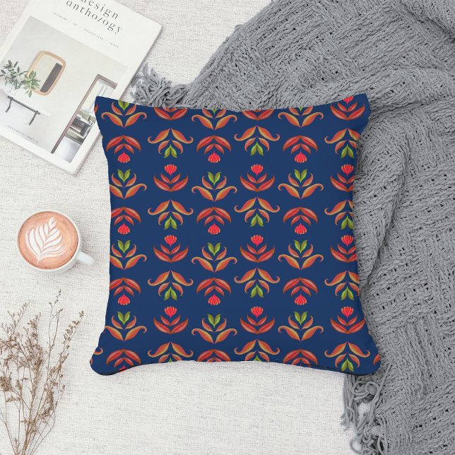  Elegant Folk Art Floral Rustic & Pretty Navy Blue Cushion (Creator Uploaded)