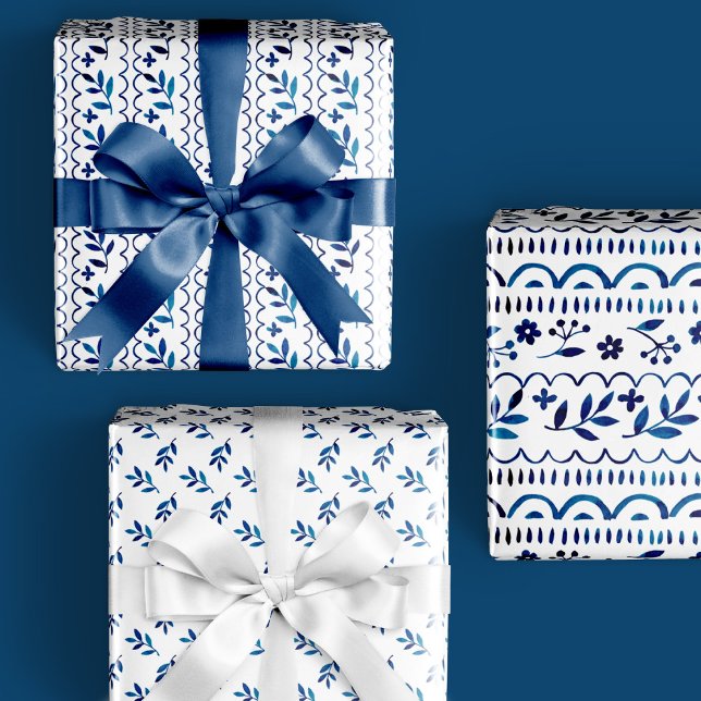 Elegant Folk Botanical Blue Watercolor Holiday Wrapping Paper Sheet (Creator Uploaded)