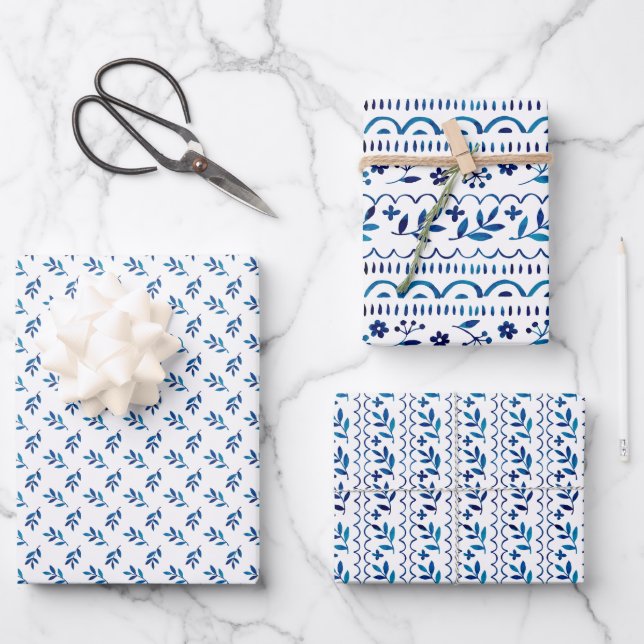 Elegant Folk Botanical Blue Watercolor Holiday Wrapping Paper Sheet (Front)