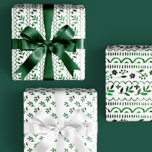 Elegant Folk Botanical Green Watercolor Holiday Wrapping Paper Sheet