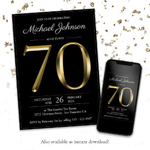 Elegant For Him Gold Black 70th Birthday Invitation