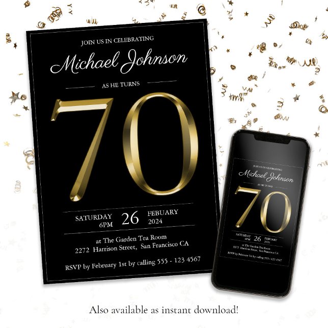 Elegant For Him Gold Black 70th Birthday Invitation (Black 70th Birthday Solid Gold Text Modern Classy Invitation)