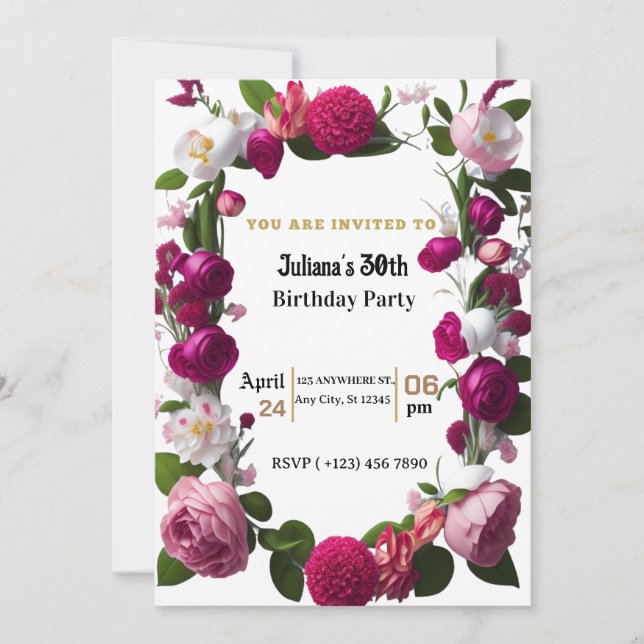 Elegant foral watercolor birthday invitation card  (Front)