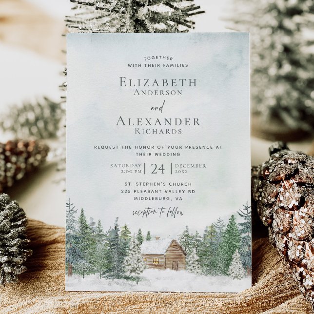 Elegant Forest Cabin Pine Trees Winter Wedding Invitation (Creator Uploaded)