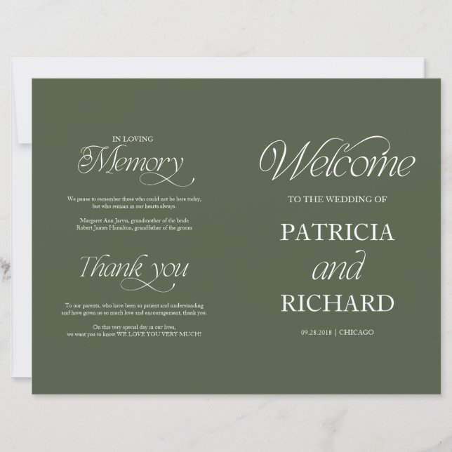 Elegant Forest Green DIY Wedding Folded Program (Front)