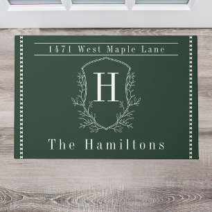 Elegant forest green family monogram address doormat