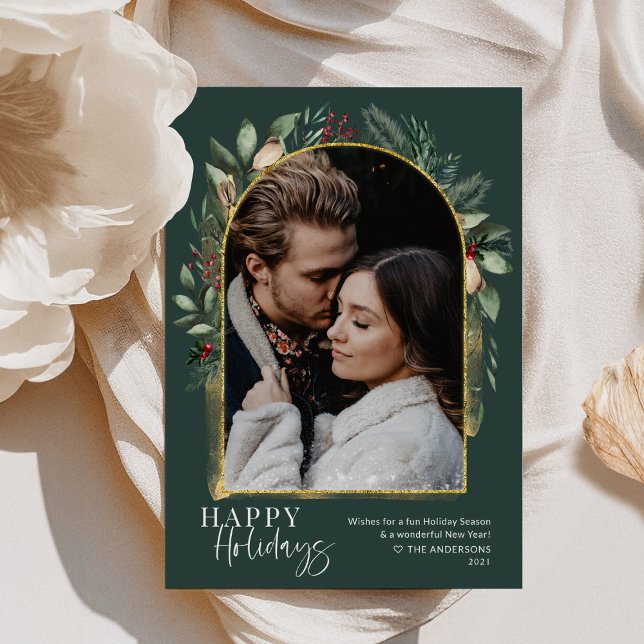 Elegant Forest Green Gold Arch Snow Overlay Photo Holiday Card (Creator Uploaded)