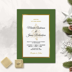 Elegant Forest Green Gold Christmas Tree Wedding Invitation