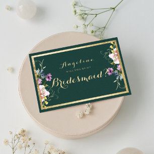 Elegant forest green gold pink floral Bridesmaid Invitation