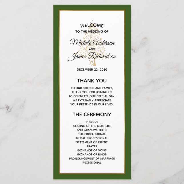 Elegant Forest Green Gold Winter Holiday Wedding Program (Front)