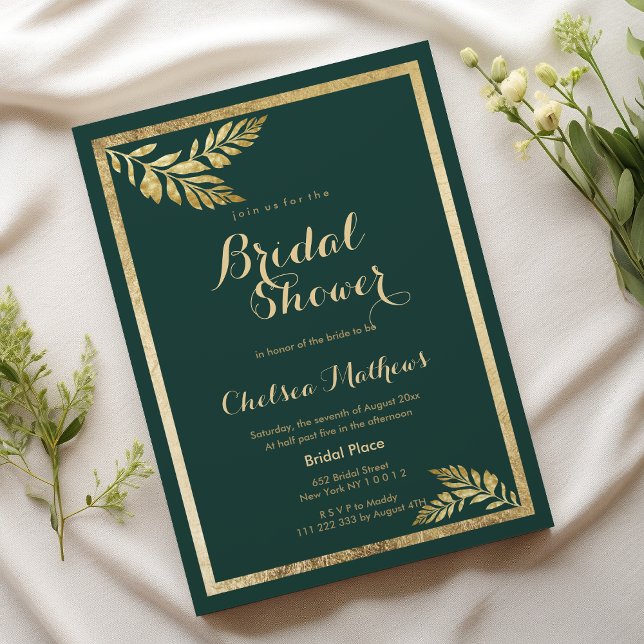 Elegant forest green golden leaf Bridal Shower Invitation (Elegant forest green golden leaf Bridal Shower)
