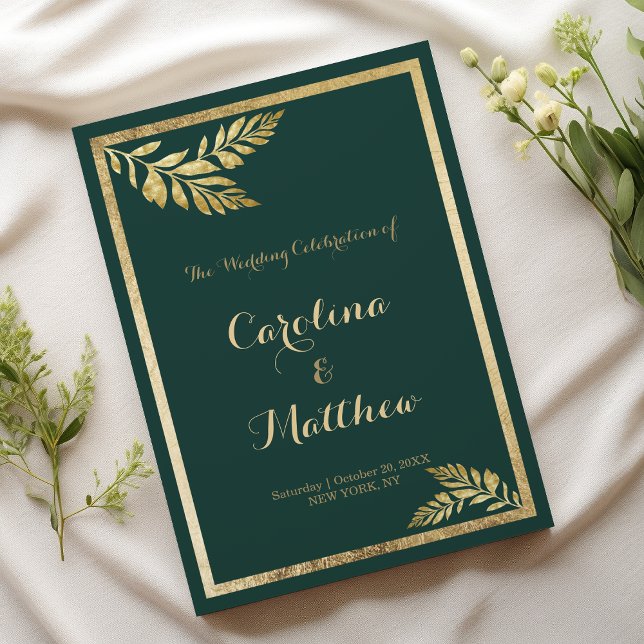 Elegant forest green golden leaf Program (Elegant forest green golden leaf Wedding Menu)