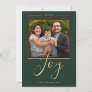 Elegant Forest Green Joy Script Family Photos Holiday Card