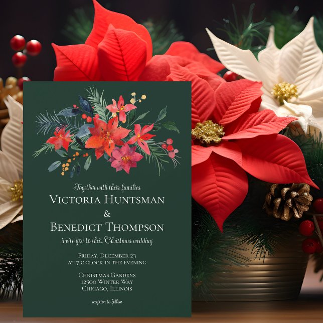 Elegant Forest Green Red Floral Christmas Wedding Magnetic Invitation (Creator Uploaded)