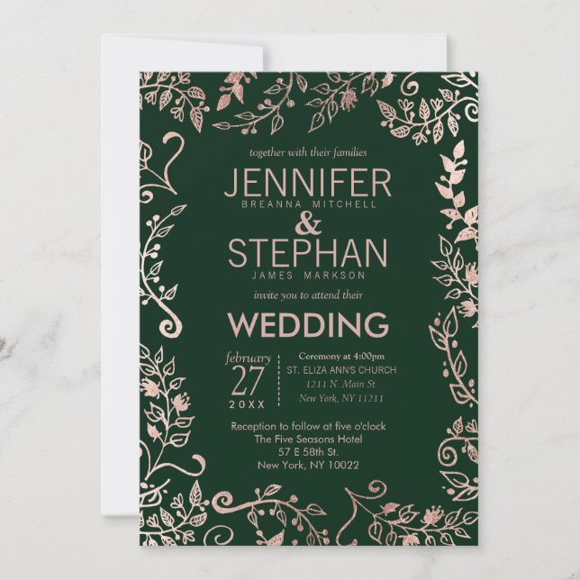 Elegant Forest Green Rose Gold Floral Wedding Invitation (Front)