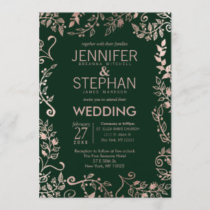 Elegant Forest Green Rose Gold Floral Wedding Invitation