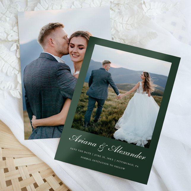 Elegant Forest Green Script Two Photo Wedding Save The Date (Creator Uploaded)