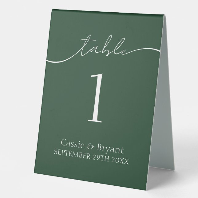 Elegant Forest Green Script Wedding Table Number (Front)