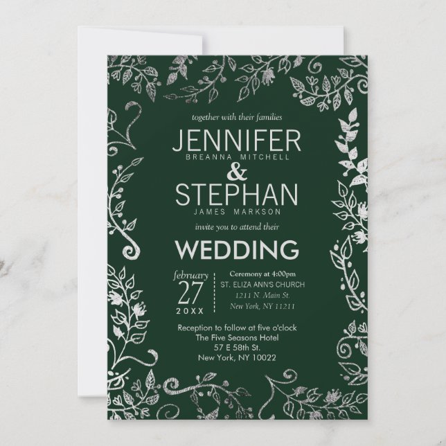Elegant Forest Green Silver Floral Wedding Invitation (Front)