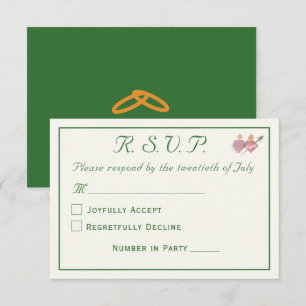 Elegant Forest Green Two Hearts Catholic Wedding RSVP Card
