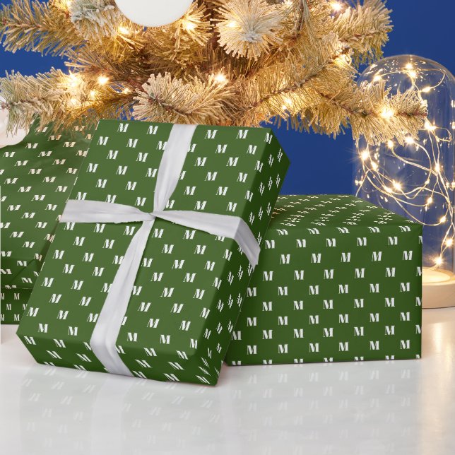 Elegant forest green white custom monogram initial wrapping paper (Holidays)