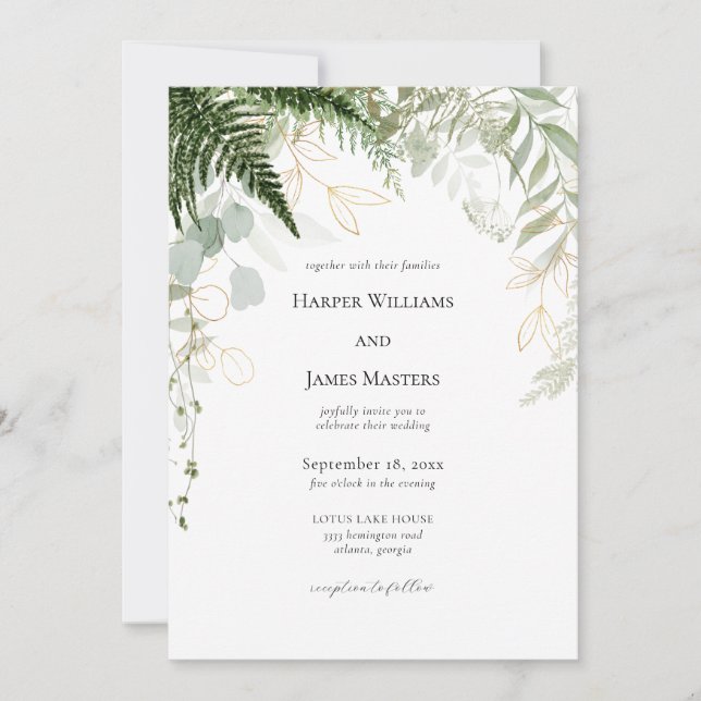Elegant Forest Greenery and Gold Wedding Invitation (Front)