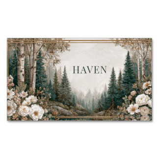 Elegant Forest Landscape White Peony Gold Frame Magnetic Business Card