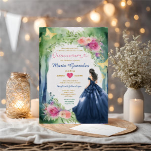 Elegant Forest Navy Blue Dress Floral Quinceañera Invitation