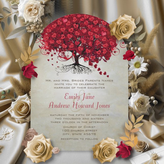 Elegant Forest Red Heart Leaf Tree Wedding Invite (Creator Uploaded)