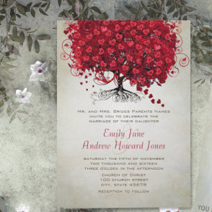 Elegant Forest Red Heart Leaf Tree Wedding Invite