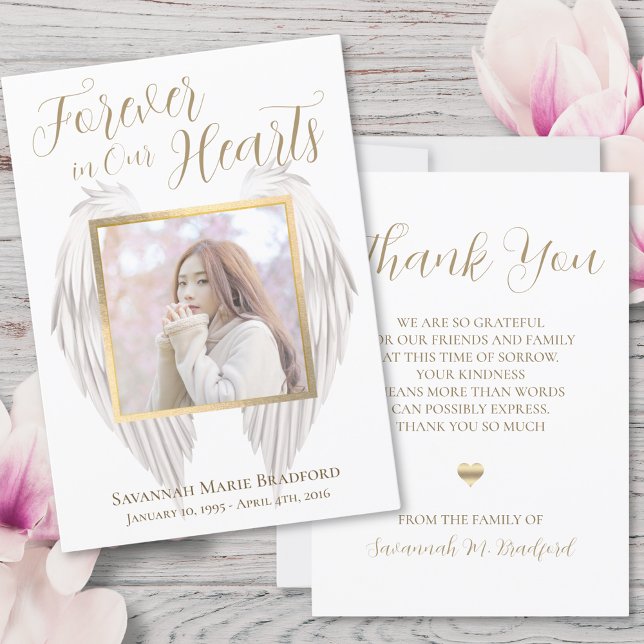 Elegant Forever in Our Hearts Angel Wings Photo Thank You Card (Creator Uploaded)