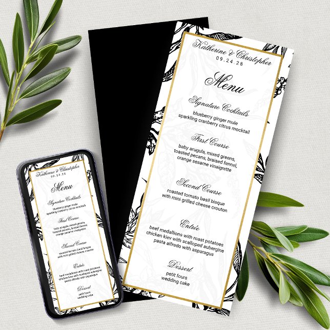 Elegant Formal Black Gold Botanical Wedding Menu Invitation (Elegant Formal Black Gold Botanical Wedding Menu with Digital Download Option)