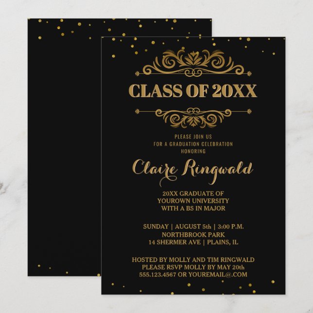 Elegant Formal Black Gold College Graduation Party Invitation (Front/Back)