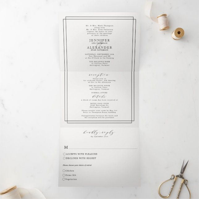 Elegant Formal Black White Simple Wedding Tri-Fold Invitation (Inside)