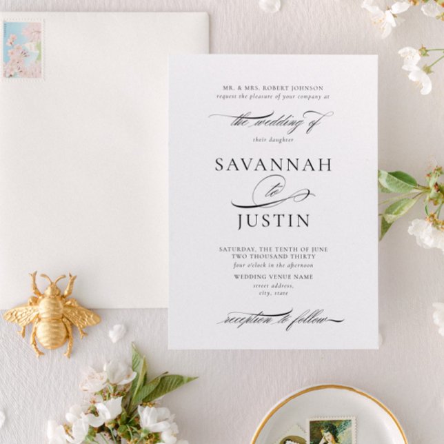 Elegant Formal Black & White Wedding Invitation (Designed for weddings where the bride's parents are hosting)