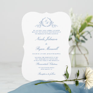 Elegant Formal Blue Monogram Wedding Invitation