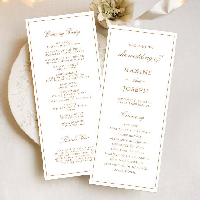 Elegant Formal Burnt Orange Wedding Program (Elegant burnt orange wedding programs keep guests informed with warmth and sophistication.)