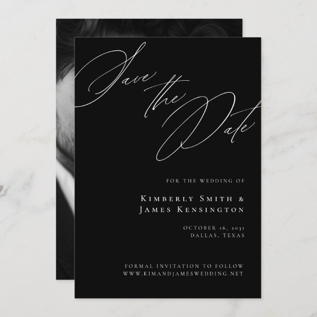 Elegant Formal Calligraphy Black Photo Wedding Save The Date (Front/Back)