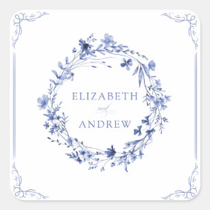 Elegant Formal Calligraphy Floral Wreath Wedding  Square Sticker