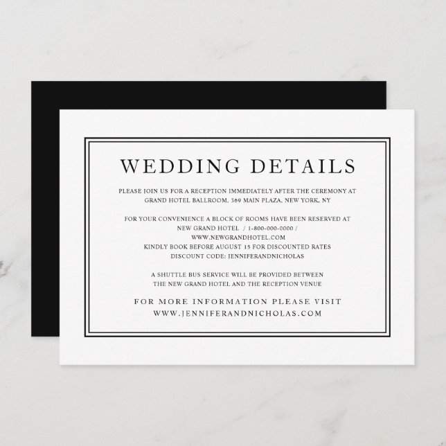 Elegant Formal Classic Black White Wedding Details Enclosure Card (Front/Back)