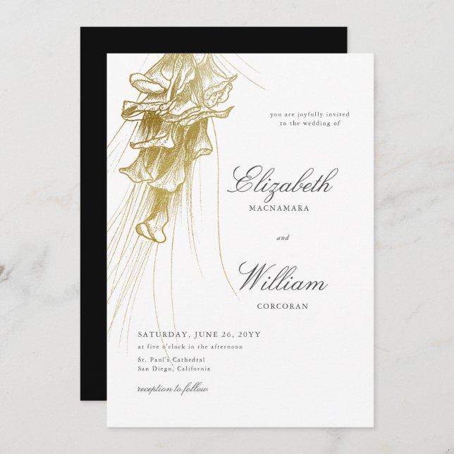Elegant Formal Classic Gold Calla Lily BW Wedding Invitation (Front/Back)