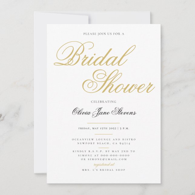 Elegant Formal Classic Gold Script Bridal Shower Invitation (Front)