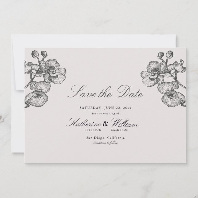 Elegant Formal Classic Orchid Sketch Flora Wedding Save The Date (Front)