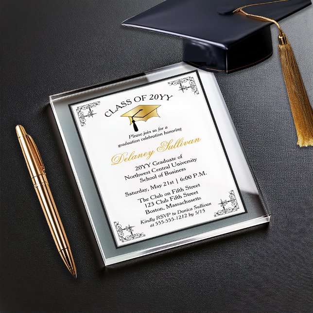 Elegant Formal College Graduation Party Faux Gold Acrylic Invitations (Elegant Formal College Graduation Party Faux Gold, Black and White Acrylic Invitations)