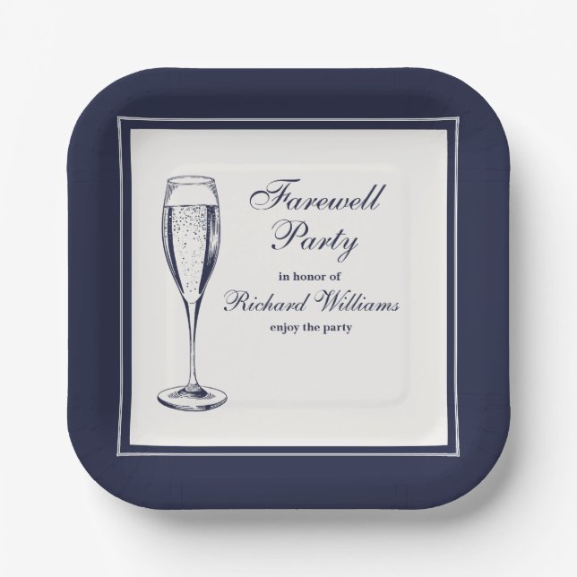 Elegant Formal Dark Bleu White Farewell Party Paper Plate (Front)