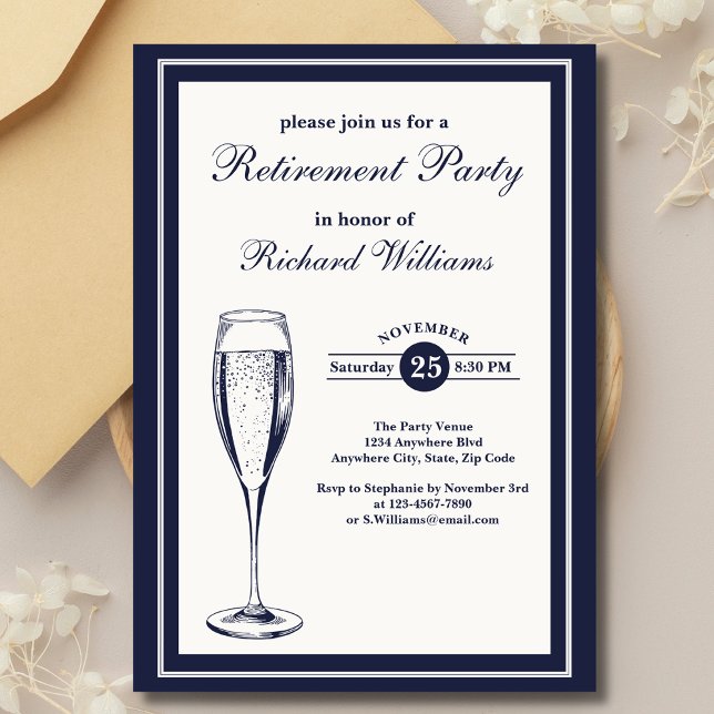 Elegant Formal Dark Bleu White Retirement  Invitation (Creator Uploaded)